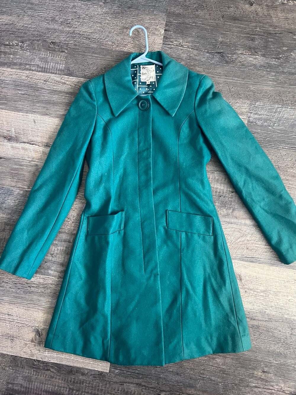 Tulle Vintage Style Teal Green Mid Length Coat With Polka Dot Lining
